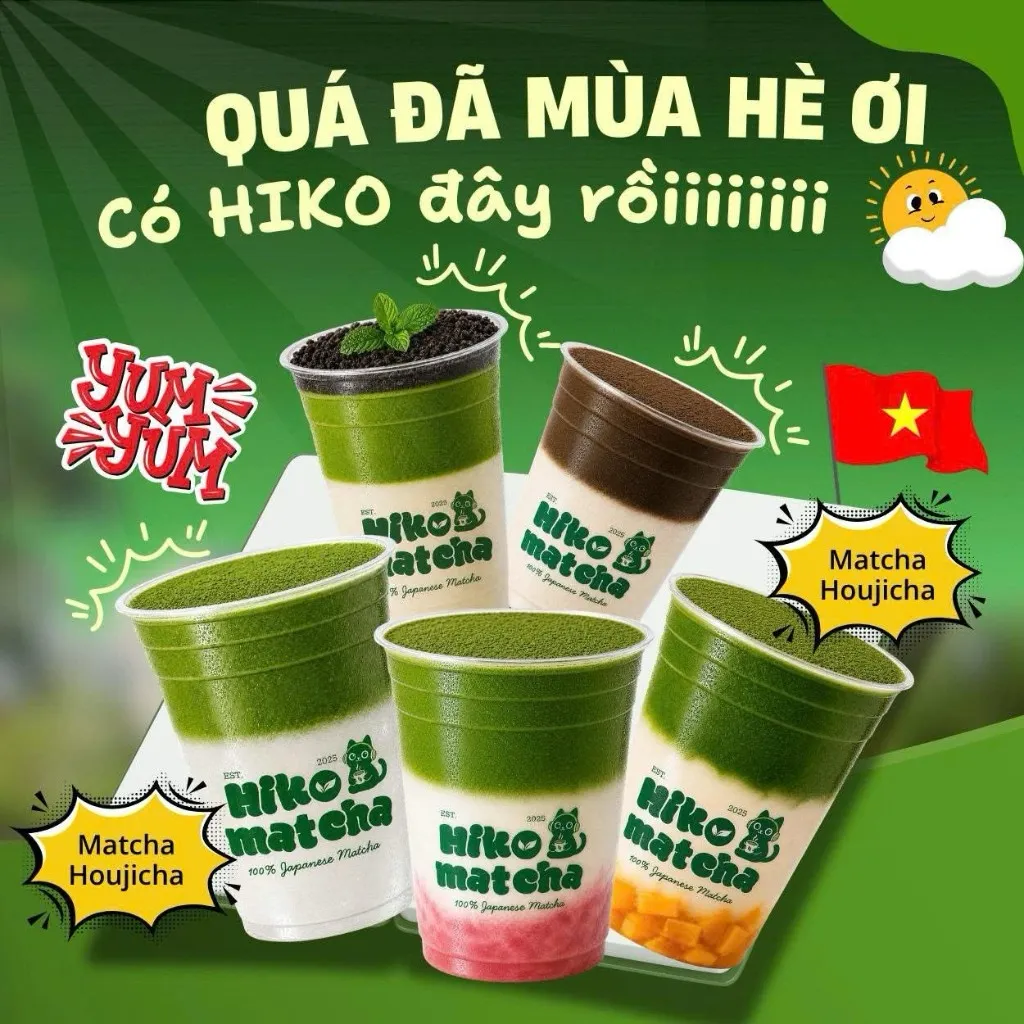 Banner khuyến mãi mùa hè Hiko Matcha — các ly matcha đa dạng